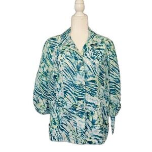 Chicos Women’s Size 2(US L) Blue Animal Accents Ailee Jacket Teal Blue Button Up